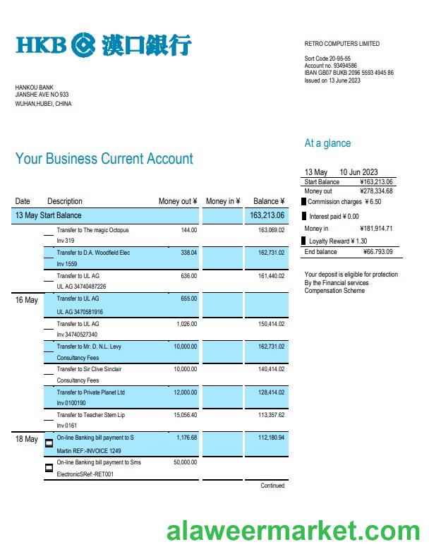 Hankou Bank organization account statement Word and PDF template